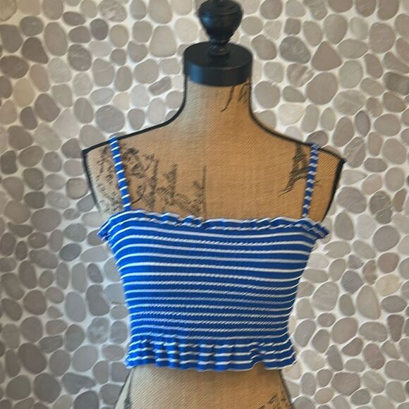 Xhilaration Blue and white stripe Bando ruffled bikini top – size large - Picture 1 of 8